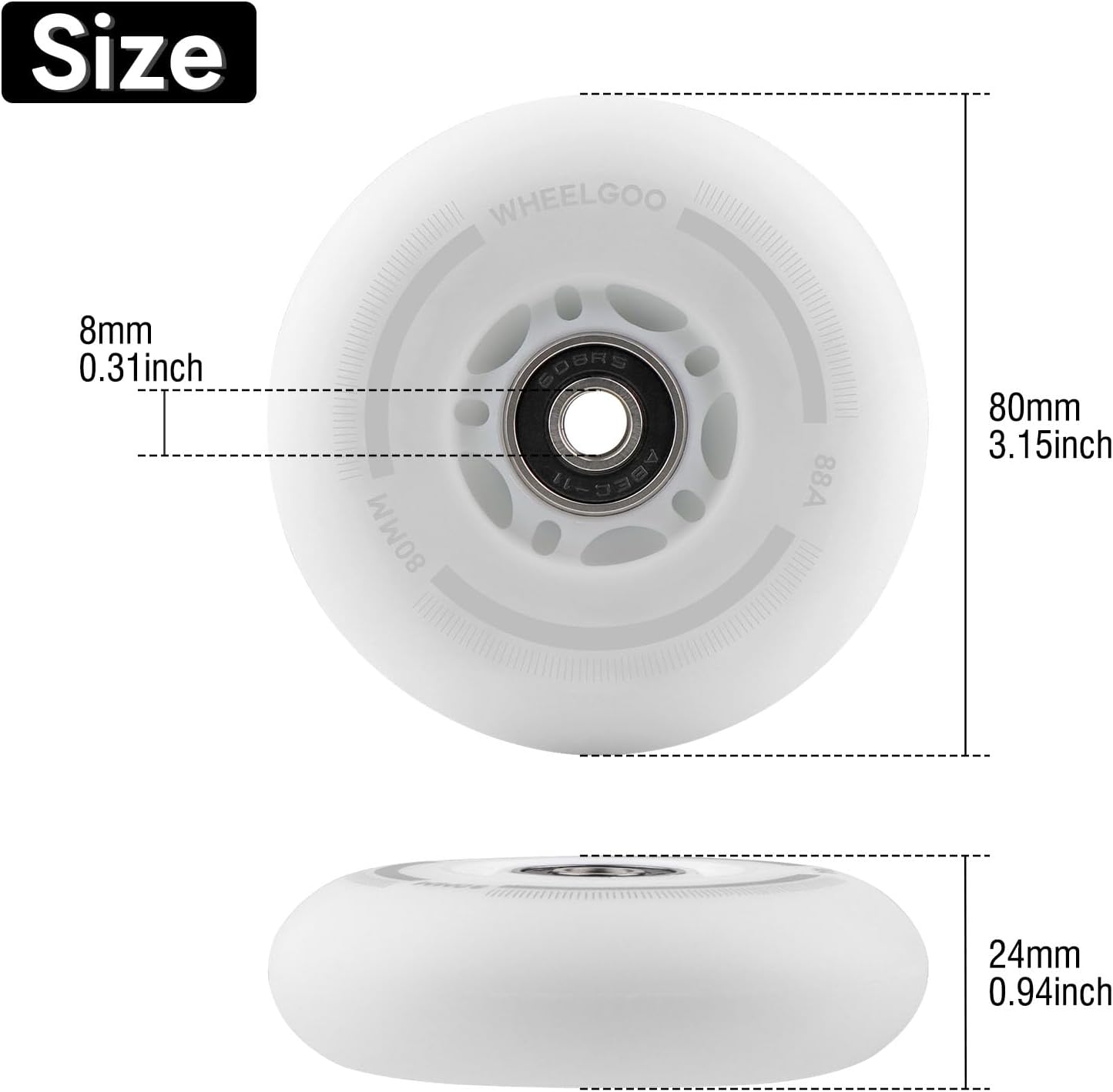 8-Pack LED Light Up Inline Skate Wheels for Kids & Teens, No Battery, PU Wheels with 608RS Bearings, Evening & Night Skating (White, 80mm)