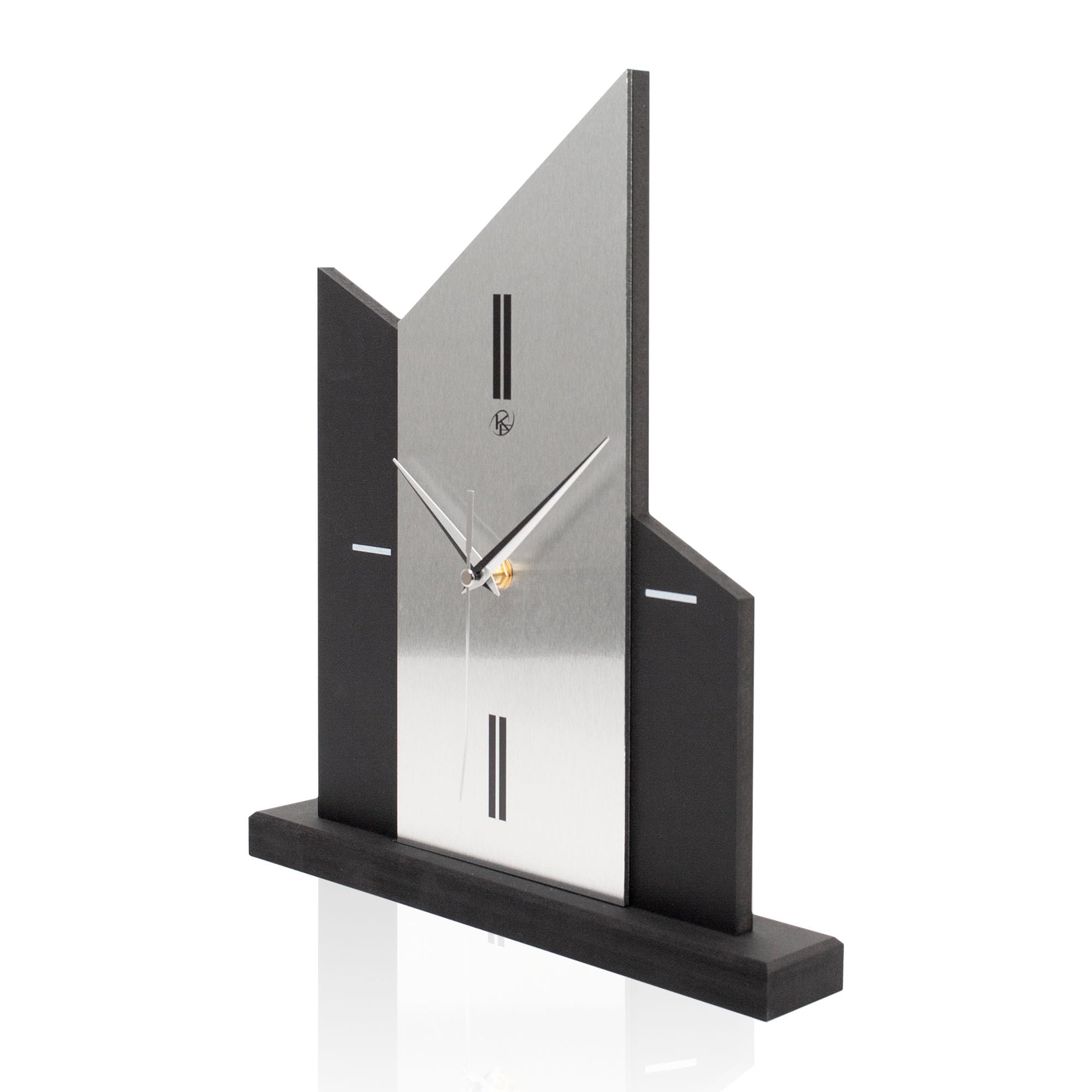 Kreative Feder Standuhr „Silver Church“ aus Holz – Schwarze Tisch-Uhr ohne Ticken; Größe ca. 34,5x30x5cm (Applikation Alu Silber, leises Quarzuhrwerk)