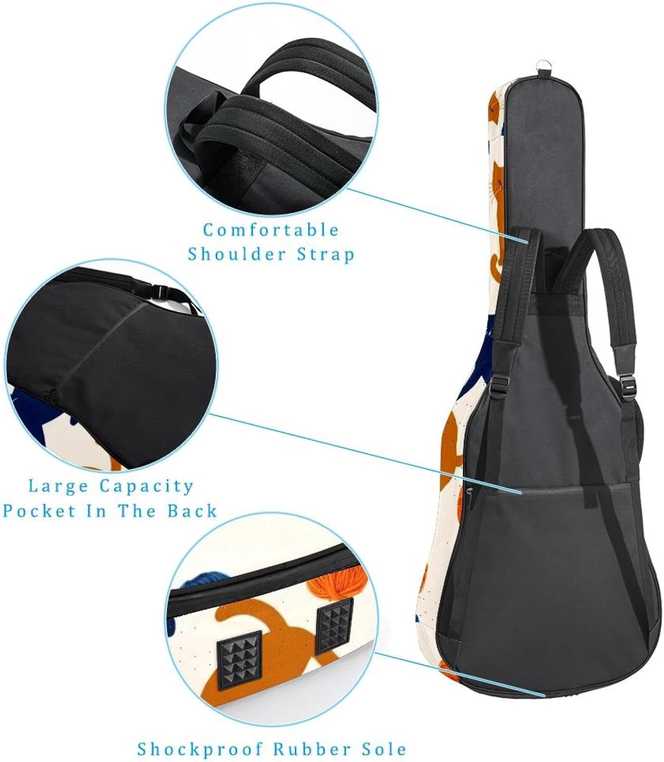 40/41/42-inch Cute Animals Acoustic Guitar Bag With Adjustable Shoulder Strap And 2 Storage Bags. Guitar Bag With Back Hanging Loop, Electric, and Classical Guitars