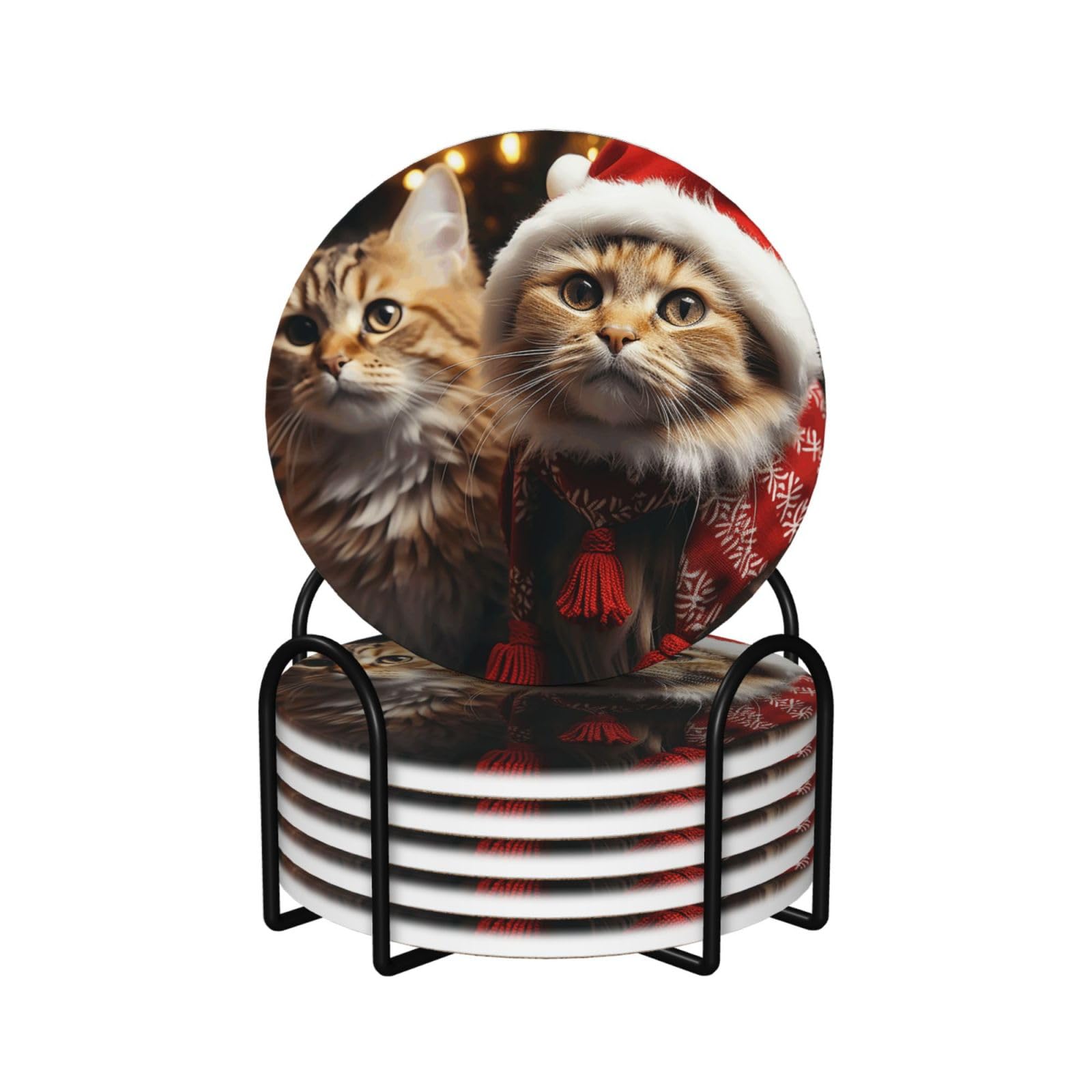 Dessous de verre chat de Noël en céramique absorbante avec support | Lot de 6