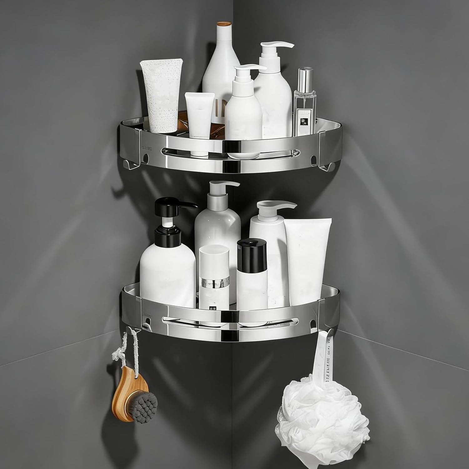 JUSTHERE Shower Caddy Corner 2 Pack Stainless Steel Shower Shelves with 2 Removable Hooks Large Capacity Bathroom Organizers