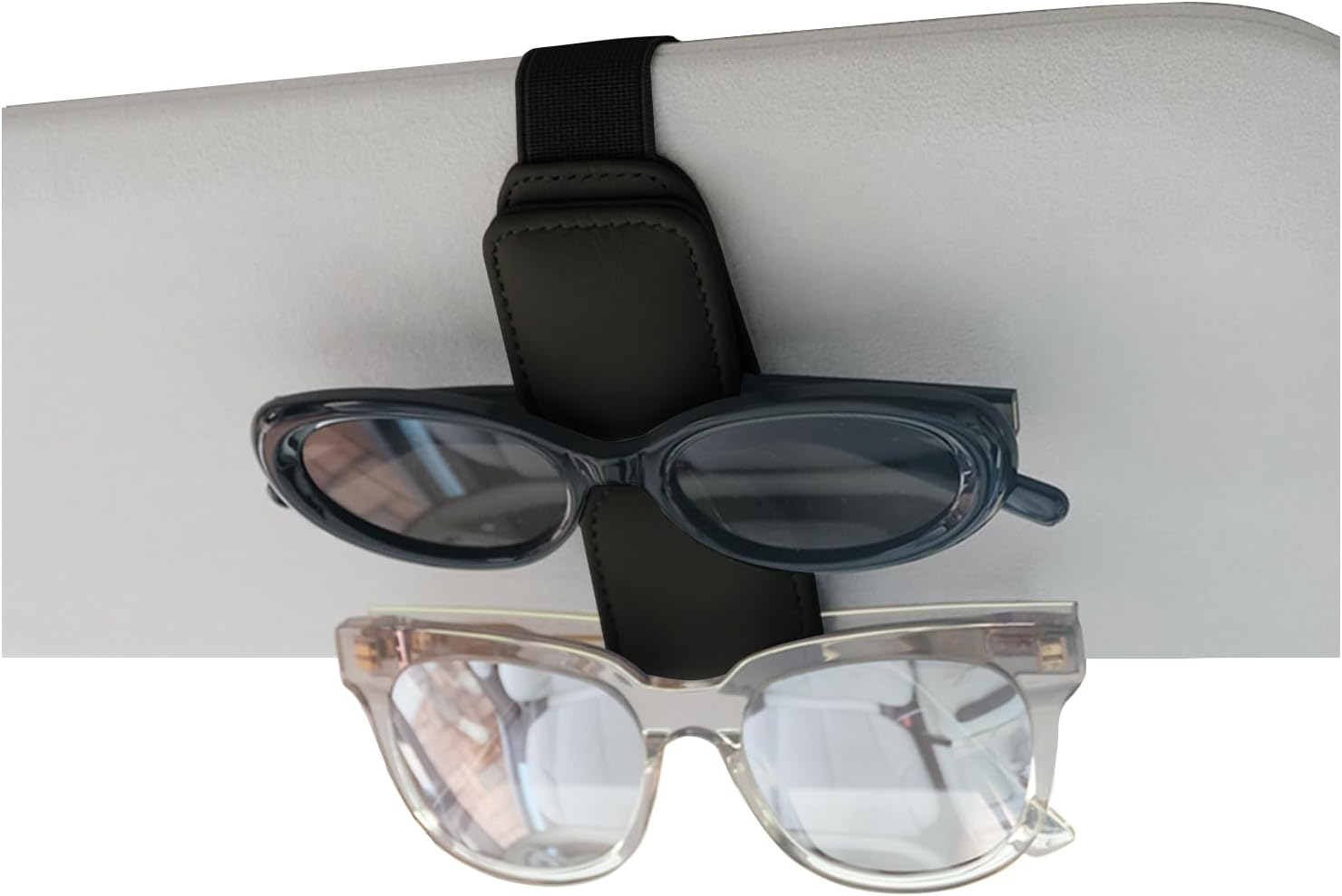 Magnetic Sunglasses Holder for Car Sun Visor, Double Position Genuine Leather Eyeglass Car Clip, Car Organizer(Black)