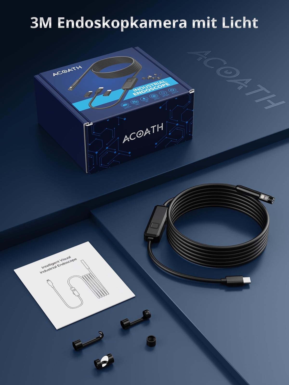 Acoath Endoskopkamera mit Licht, 1920 HD Rohrkamera mit 8 LEDs, IP67 Wasserdichtes Inspektionskamer Handy Gadget, 3M Kanalkamera Werkzeuge für Android & iOS - 2 Lenses