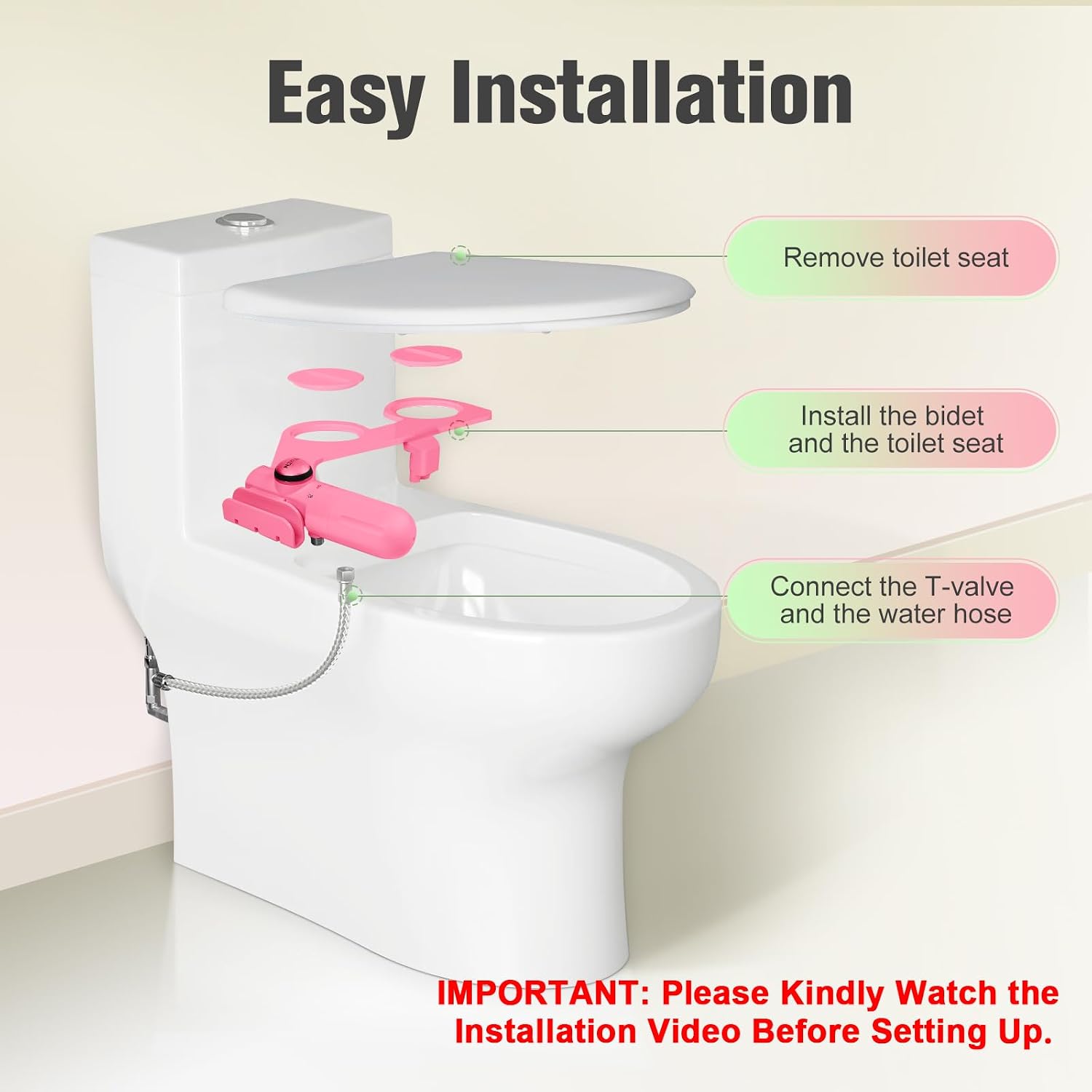 Ultra-Slim Bidet Attachment for Toilet with Filter, Removes Chlorine, Non-Electric Dual Nozzles(Frontal/Rear) Bidet Toilet Seat Attachment with Pressure Controls, No Gaps No Leaks, pH balanced(Pink)
