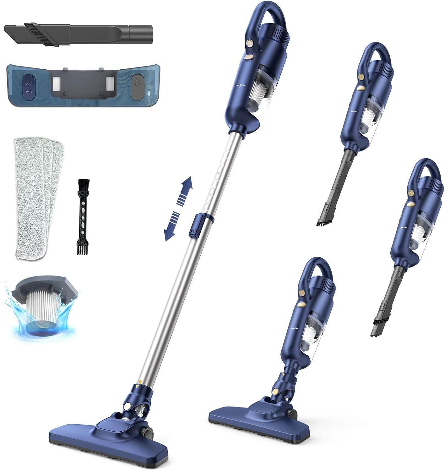 Cordless Vacuum Cleaner, Cyclone Type, Ultra Lightweight, Stick Cleaner, 55 kPa Powerful Suction & Water Cleaning Function, 33 Minutes Continuous Operation, Quiet Design, Telescopic Pipe, Wall Storage Blue