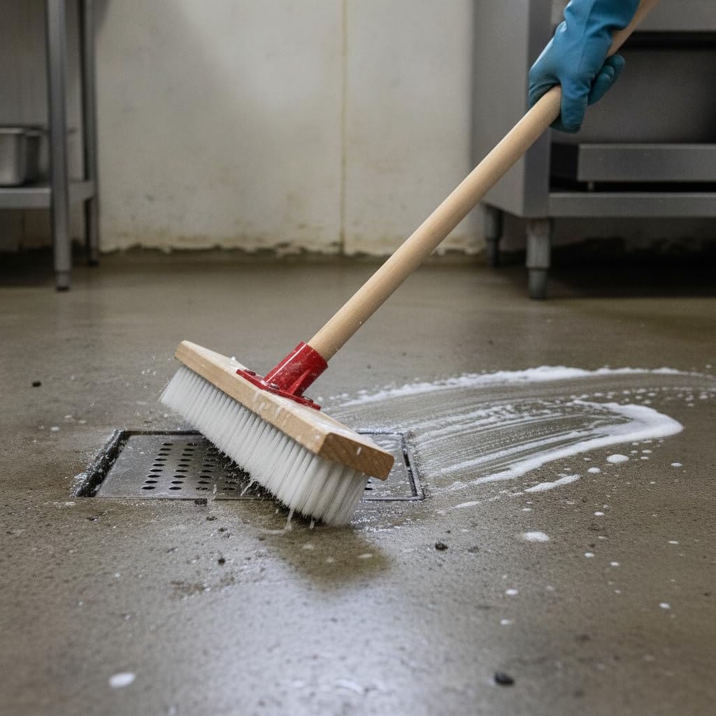 Cepillo Limpieza para Pisos con Mango Largo y Cerdas Resistentes Nylon para Fregar Azulejos y Lechada en Baños Cocinas y Pasillos Acuado para Reducir, Cepillo Suelo 60cm con Mango