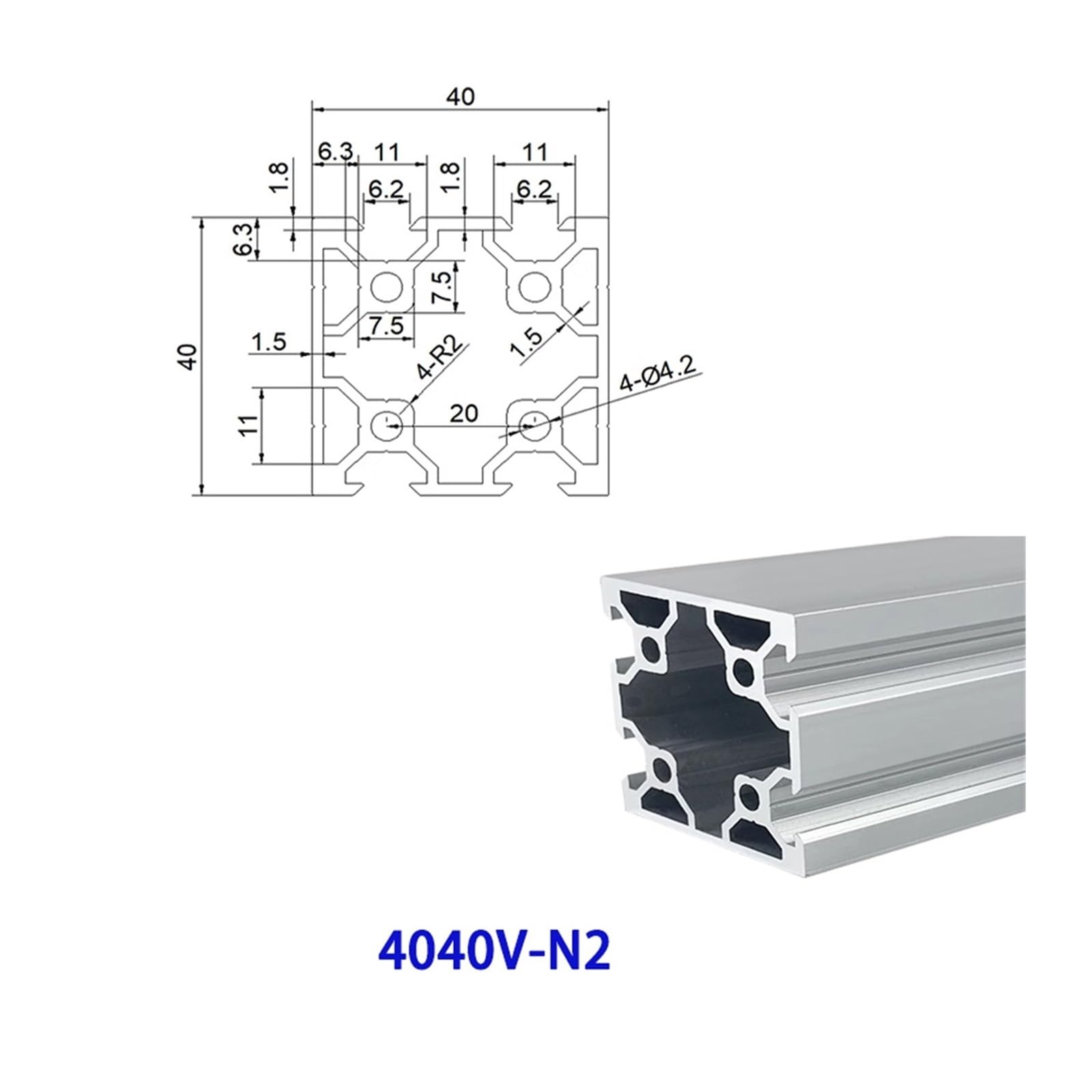 Profilo in alluminio con scanalatura a V 4040V-N2 Binario for stampante 3D in estruso argento 1 pezzo(300mm)
