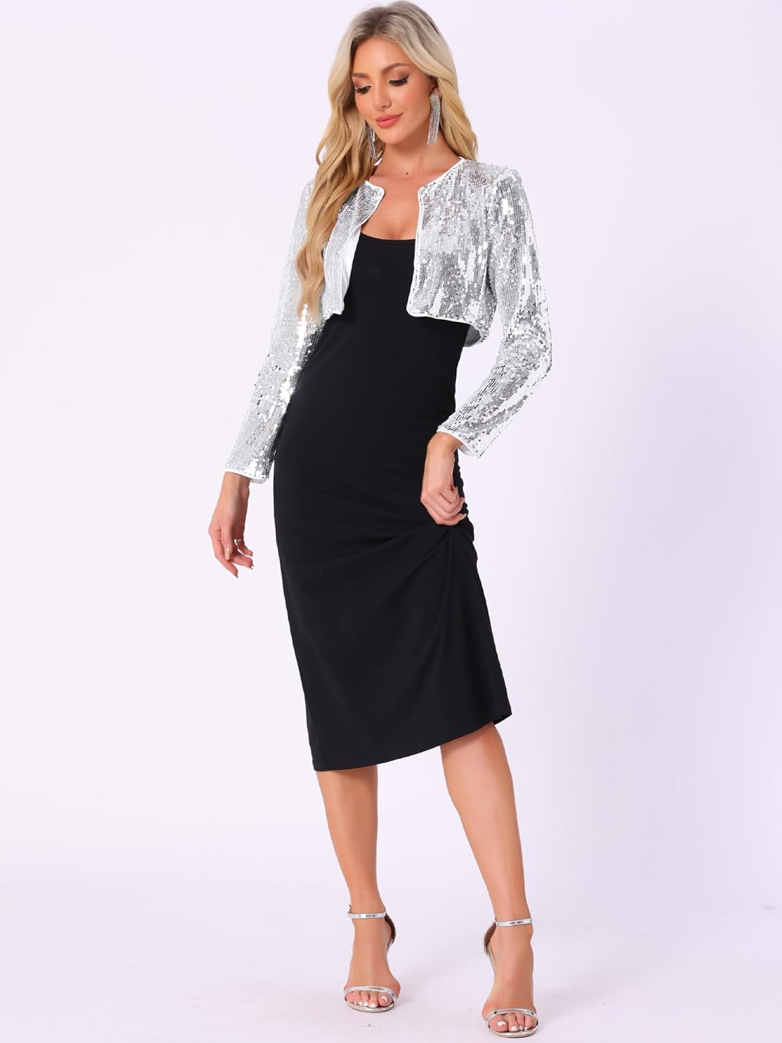 Allegra K Sequin Bolero Shrugs for Women's Slim Fit Christmas Party Club Collarless Sparkly Crop Jackets