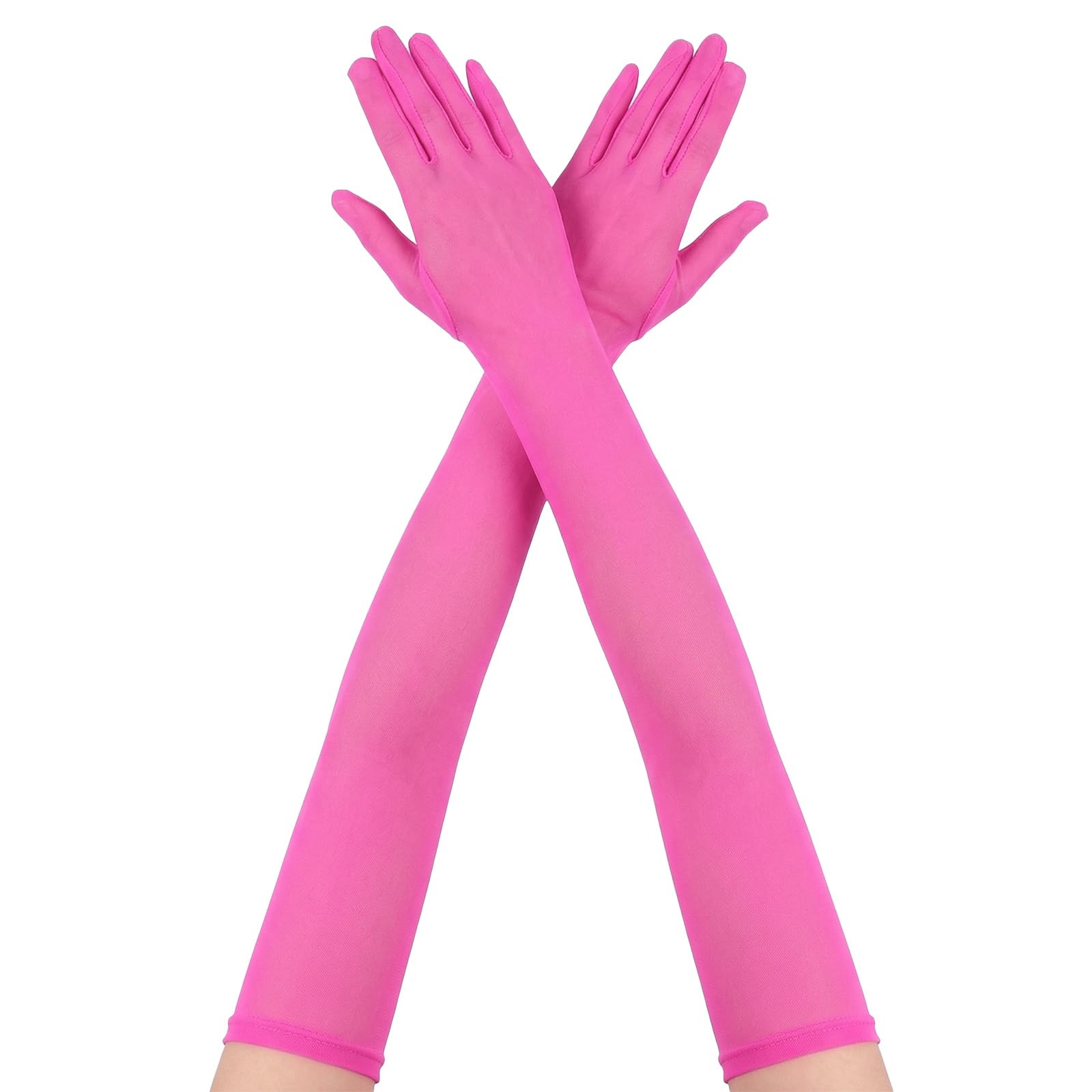 Mzbnfa Women's Super Long Tulle Mesh Gloves - Elbow Length Stretchy Sheer Opera Gloves for 1920's Formal Prom, Wedding, Dance & Halloween Costume Party (Rose Pink) — image 1