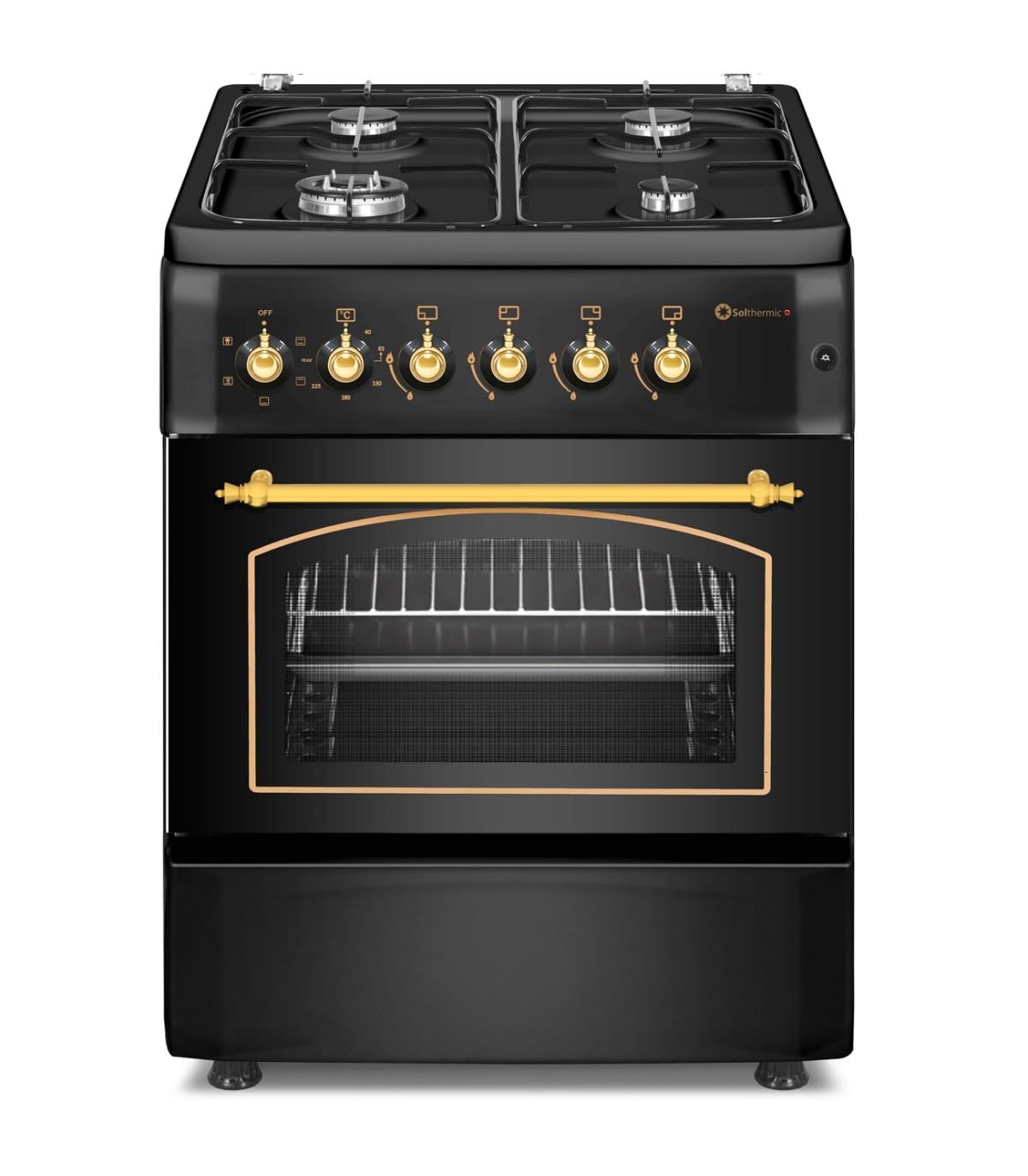 SOLTHERMIC F5S40E4RB COCINA GAS CON HORNO ELECTRICO/​NEGRA RUSTICA CON MANDOS DORADOS/​ANCHO 50 CMS / 4 FUEGOS CON ENCENDIDO AUTOMATICO/​HORNO MULTIFUNCION 50 L. / ALTA GAMA