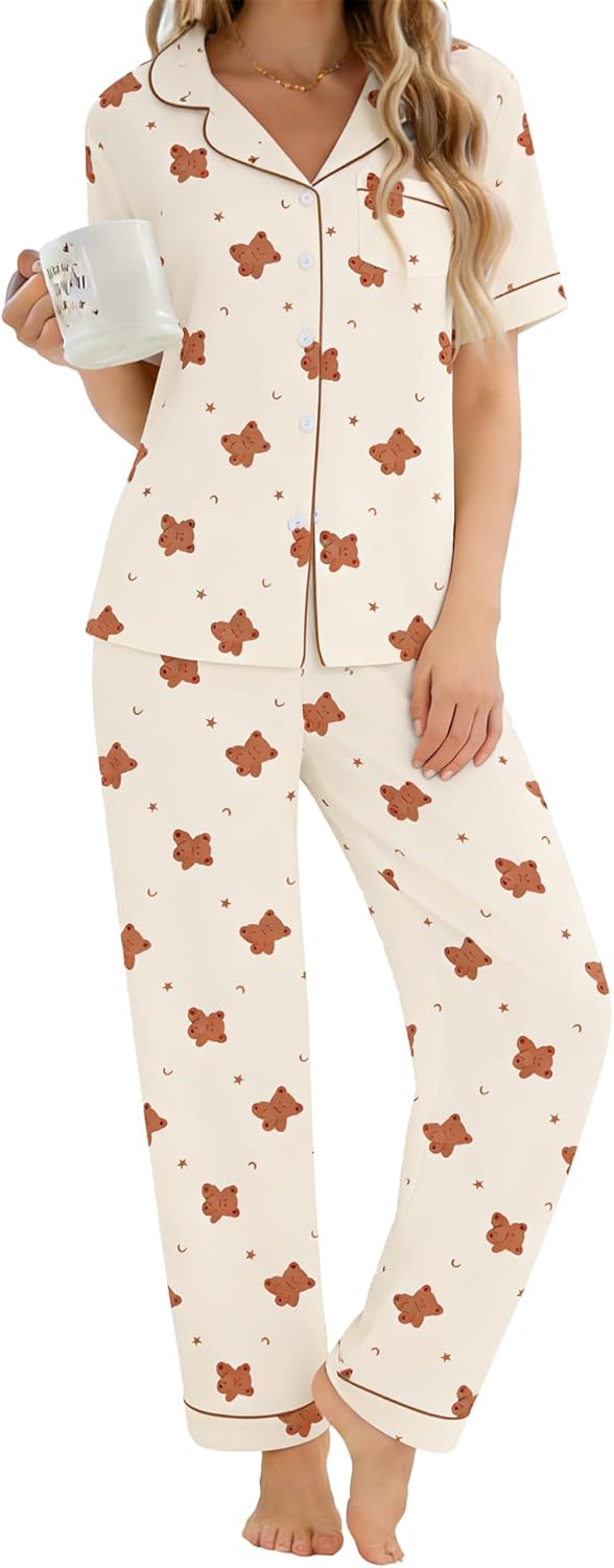 SWOMOG Women's 2 Piece Pajama Sets Shorts Sleeve Pajamas Cute Pj Set Lounge Matching Pjs Button Shirt with Long Pants