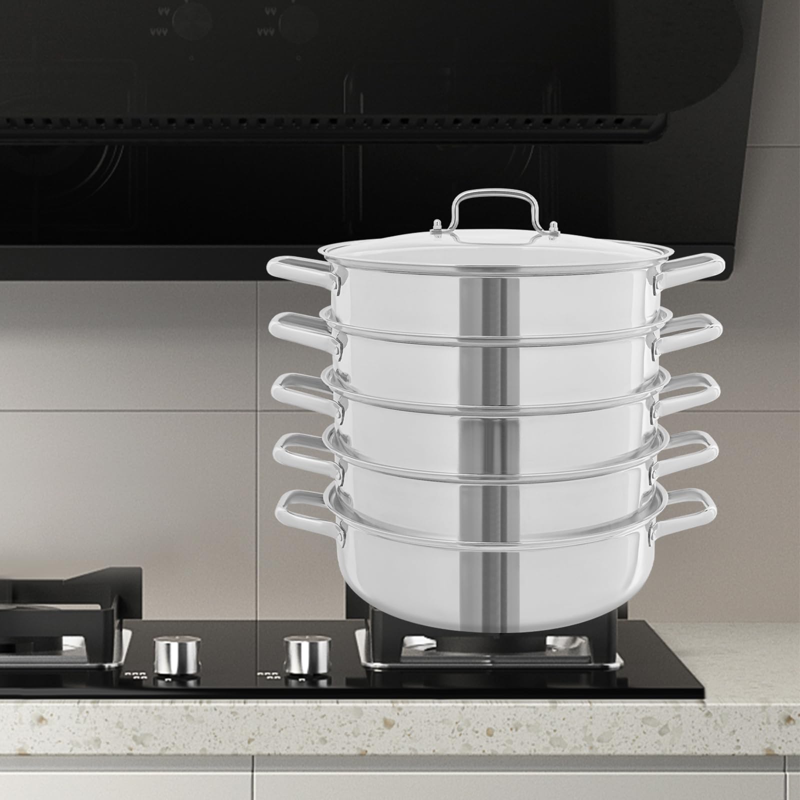 Cottura a vapore a 5 ripiani, in acciaio inox, Ø 32 cm, fornello a vapore con coperchio in vetro, pentola per piani cottura a induzione, fornello a gas, argento