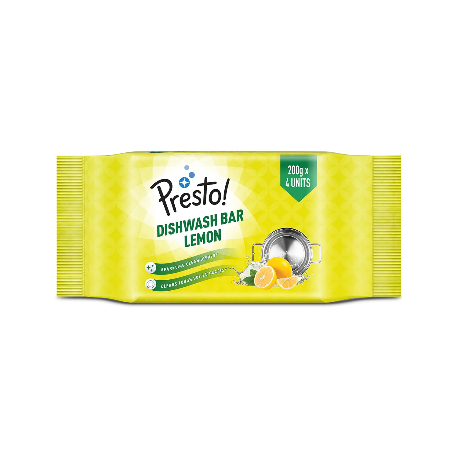 Amazon Brand - Presto! Dishwash Bar | 800 Grams | 200 Gram x Pack of 4) | Removes Tough Grease | Odour-Free Freshness | Gentle On Hands