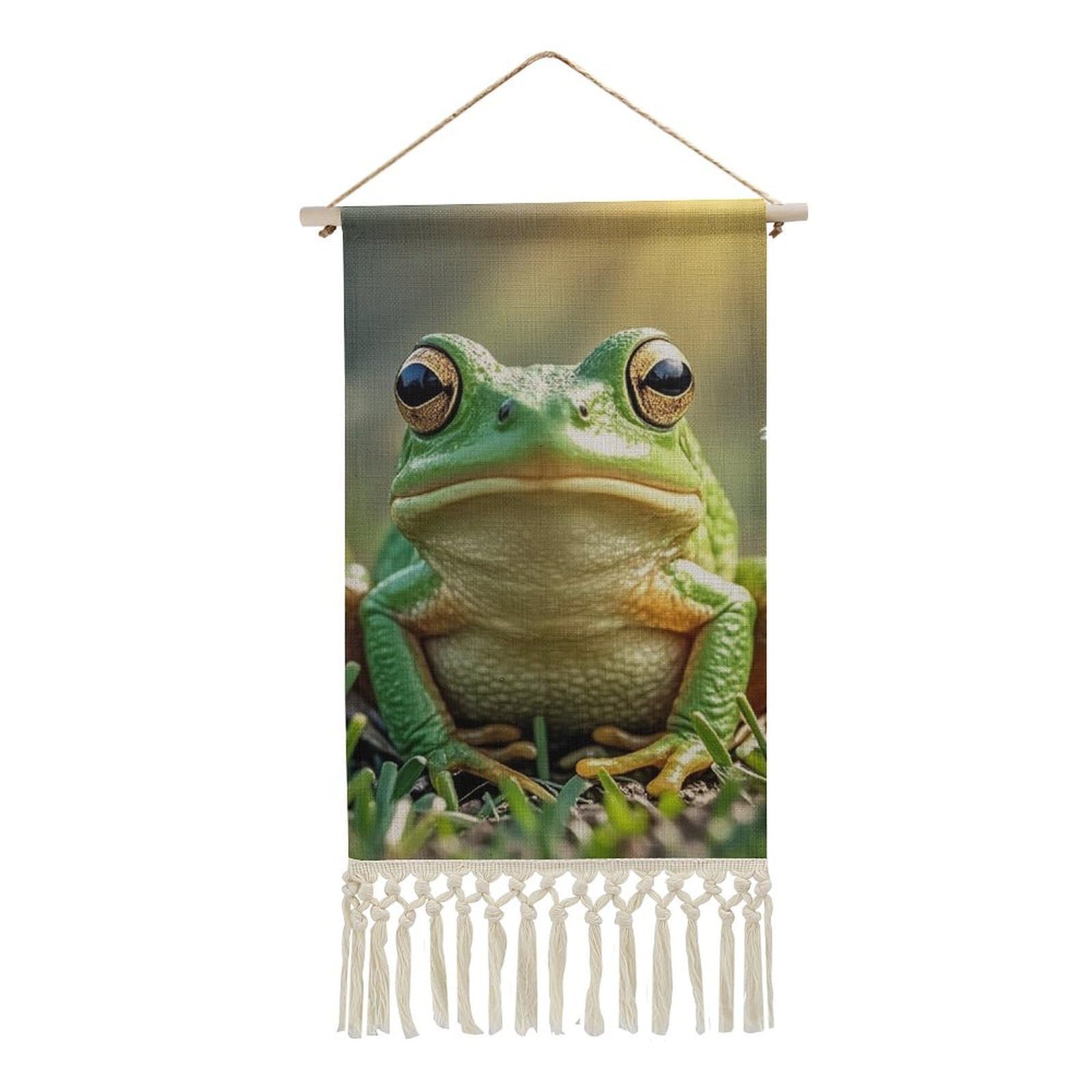FekiLoot Cute Frog Wall Art Poster Hanger Frame Vertical Tassel Tapestry Cotton Linen Hanging Poster Decorative Wall Art Prints Vintage Wall Art Decor for Home Bedroom Living Room Office