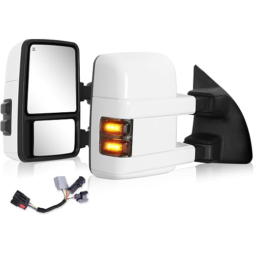 Towing Mirrors for 1999-2016 Ford F250 F350 F450 F550 Super Duty, 2000-2005 Ford Excursion with Power Glass Heated Function Turn Signal Light Running Light Pair Set with Adapter, Painted White