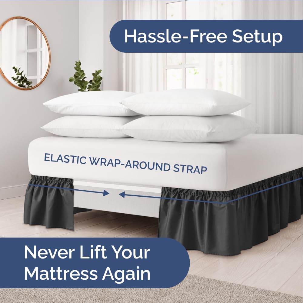 Wrap Around Dust Ruffle Bed Skirt & Comforter + Duvet Cover Bundle - Black - for Full Size Beds with 12 Inch Drop - Elastic Strap - Adjustable Pleated Bedskirt Fabric - for Women, Men, Kids & Teens