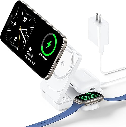 Cargador inalámbrico plegable 3 en 1 certificado Qi2, compatible con estación de carga MagSafe, soporte de cargador rápido de 15 W para iPhone 17,