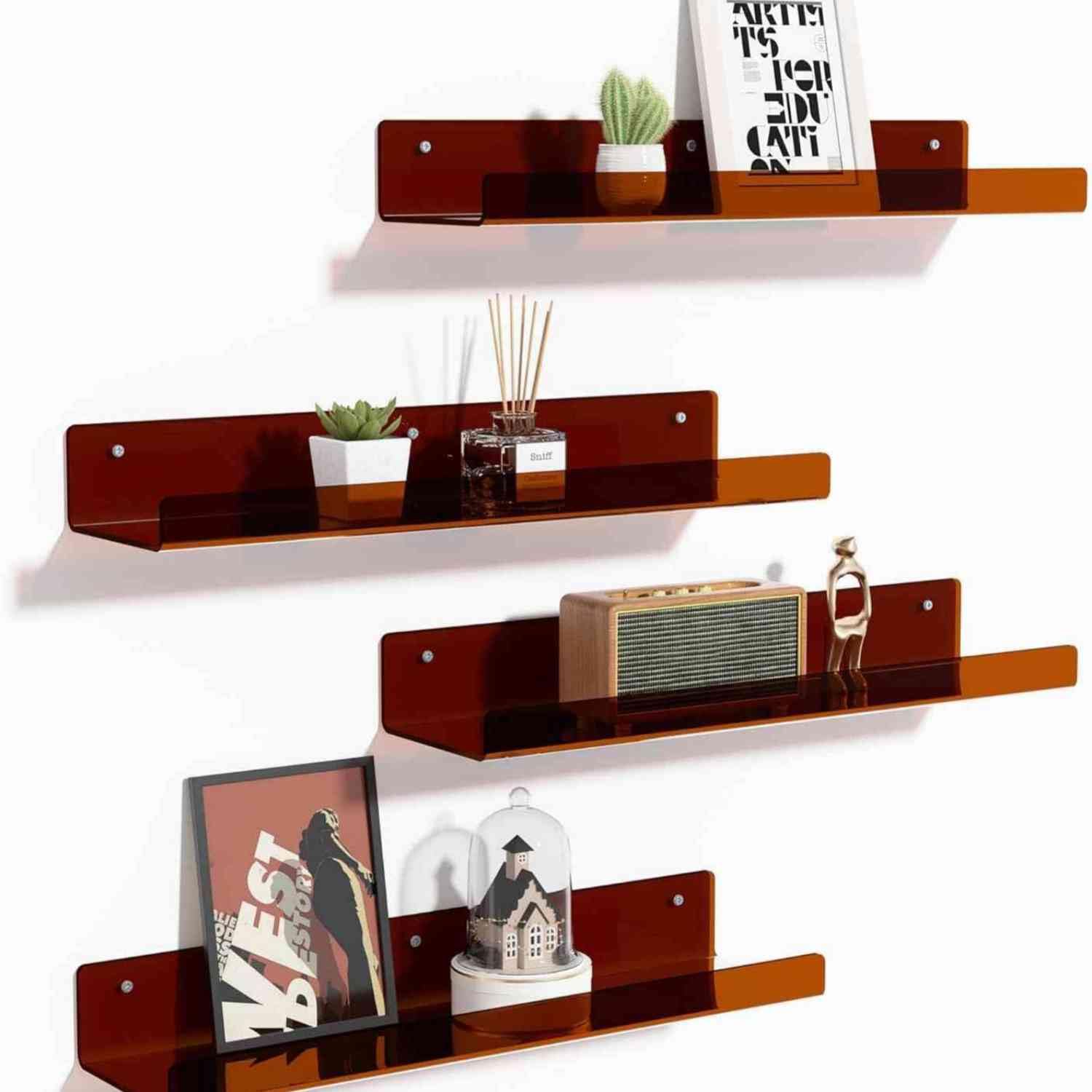 SaryEdge 4 Pack Floating Acrylic Shelves - Clear Wall Decor for Books, Perfume & Bathroom nization, Sturdy Space-Saving Display Shelves for Bedroom & Living Ro,Brown