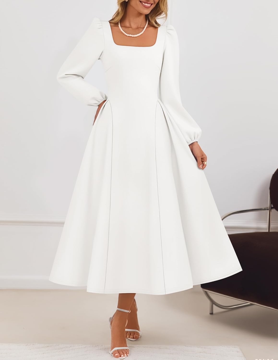 ZESICA Women's Long Sleeve Midi Dresses 2026 Fall Square Neck Swing A Line Wedding Guest Evening Prom Dress - Image 4