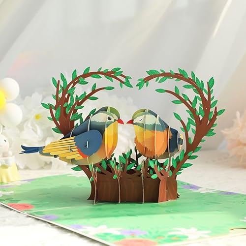 AUSWAY Best Wishes Love Blessing Pop Up Card, 3D Popup Wedding Aniversary Greeting Card for Mom Dad Wife Husband Women Men Grandma Grandpa with Blessing Blank and Envelope (LOVE BIRD WZLOVE3)