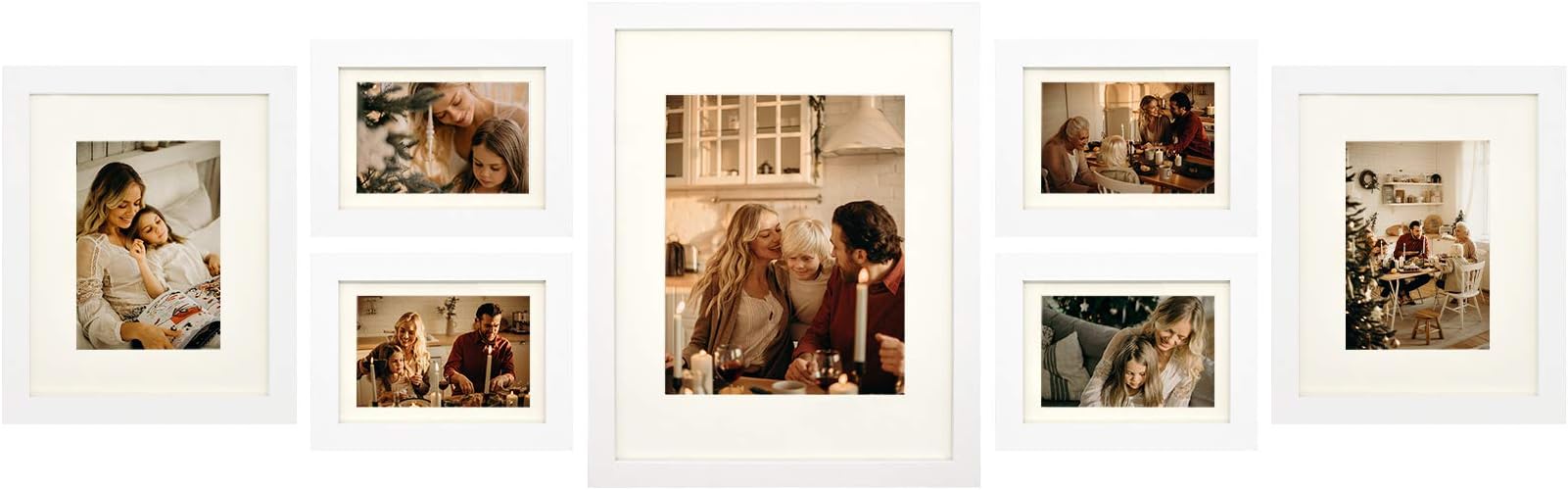 Frametory, Set of 7 Gallery Wall Frames White Photo Frame with Ivory Color Mat & Real Glass