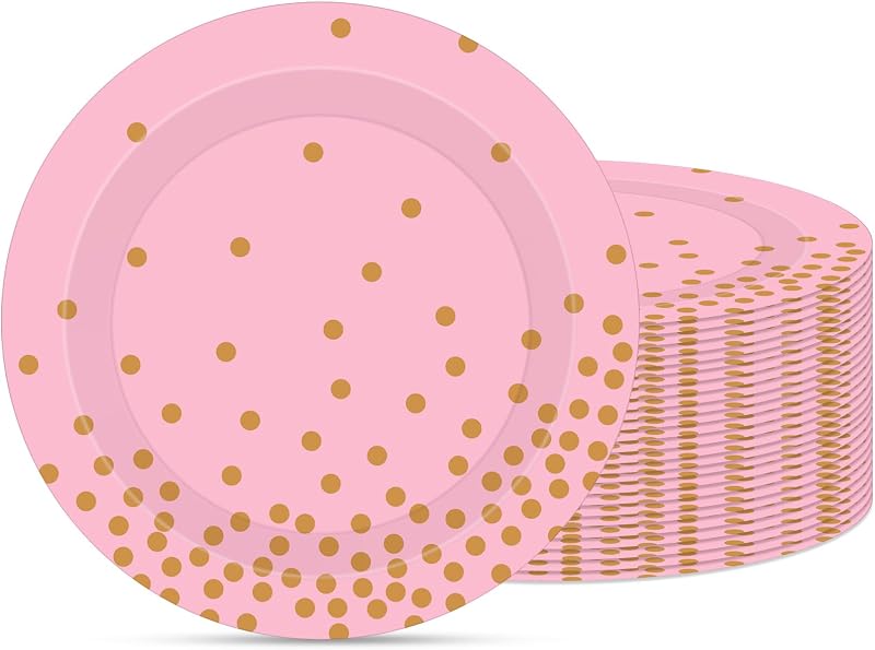 Pink and Gold Plates,60Pcs 7Inch Pink Party Plates,Party Disposable Tableware Kit,Gold Foil Polka Dots Paper Plate Set,for Baby Shower,Birthday,Wedding,Graduation,Princess,Cocktail Party,Serves 60