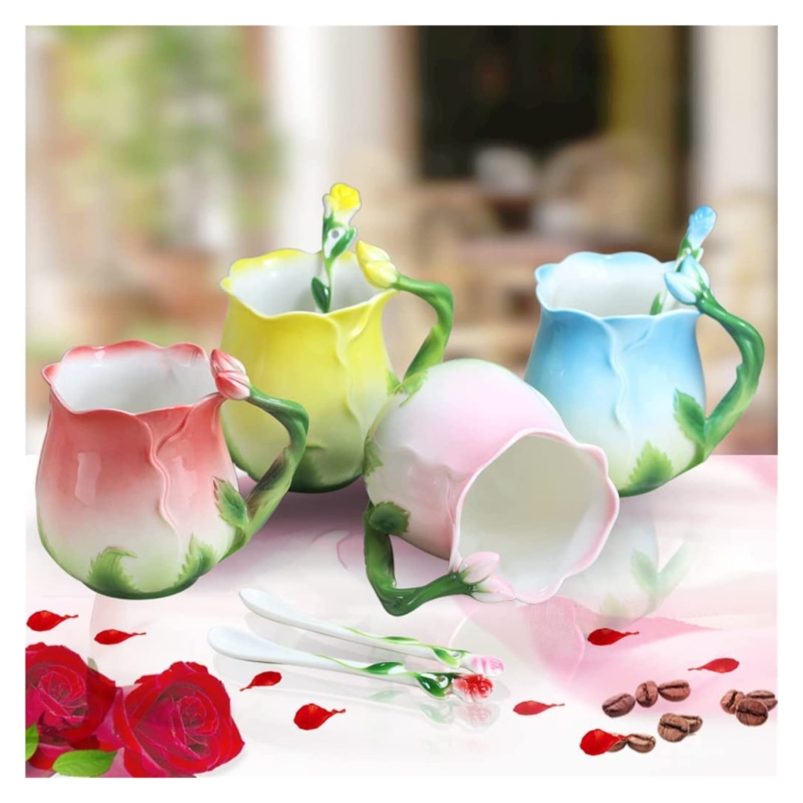 Tazas de café Tazas de café Taza Flor Creativa Taza de cerámica Hueso China Taza de café Polvo Flor Taza de té Rosa Taza Inglesa (Color : Pink)