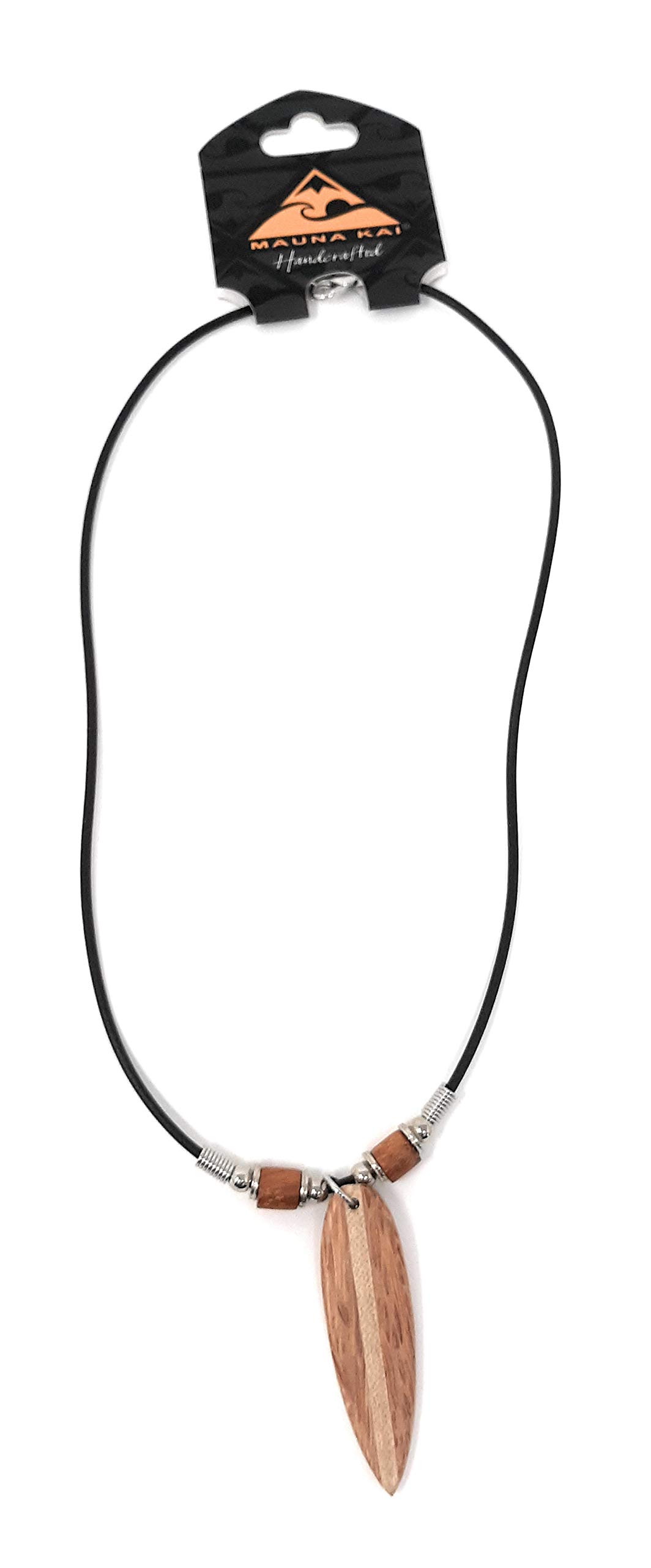 Mauna Kai Hawaiian Surfboard Hand Carved All Natural Coconut Wood 18” Black Rubber Cord Necklace -2” Pendant