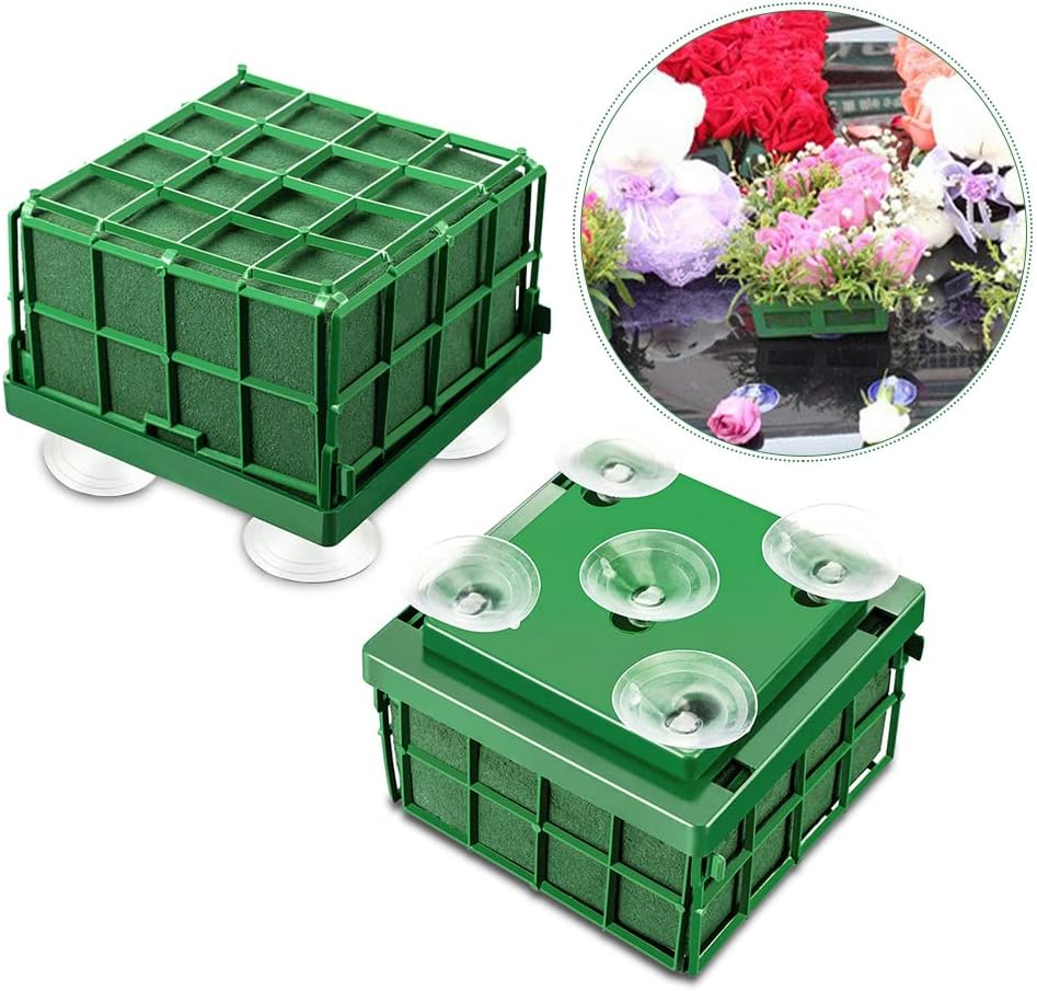 Xiaokeis 2 Floral Foam Cage with Suction Cups for Flower Arrangements, Square Floral Foam Cage Flower Holder for Fresh Flower Arrangement and Wedding Car Decorations(Green)