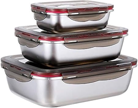 3 Pieces Stainless Steel Food Storage Container with Lids Airtight Metal Food Containers Stackable Meal Prep Leftover Containers for Freezer Fridge Oven Dishwasher Safe 600ml/1500ml/2900ml