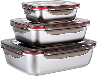 3 Pieces Stainless Steel Food Storage Container with Lids Airtight Metal Food Containers Stackable Meal Prep Leftover Containers for Freezer Fridge Oven Dishwasher Safe 600ml/1500ml/2900ml