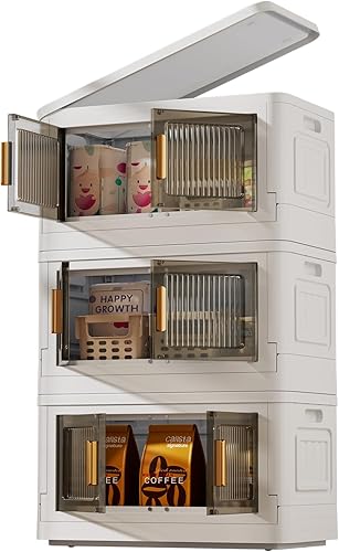 Contenedores de almacenamiento plegables con puertas, contenedores de almacenamiento apilables de 8.5 galones con tapas, paquete de 3 contenedores