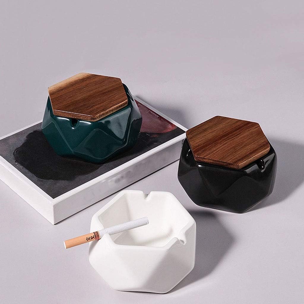 Ash Tray Ceramic Ashtray With Lid Outdoor Home Coffee Table Office Desktop Decoration Geometric Ashtray Wooden Lid Ashtray Outdoor Ashtray(F)