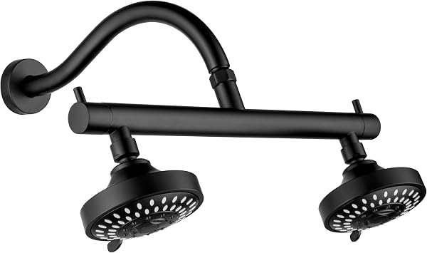 Dual Shower Head for Couples, High Pressure 5 Function Double Shower Head Built-in Valve, 2 Person Shower Heads Matte Black