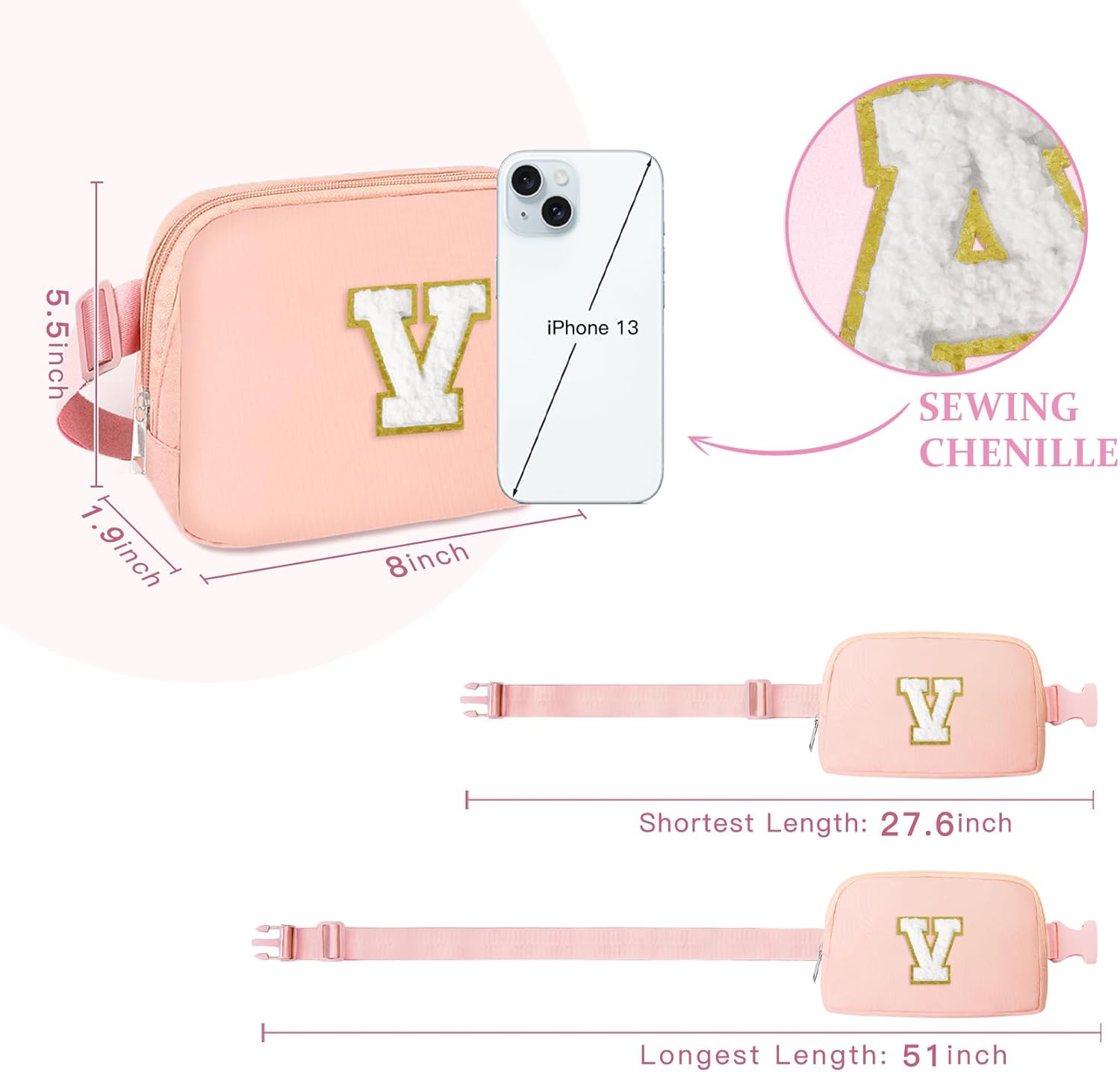 COSHAYSOO Pink Fanny Pack for Girls Purse Crossbody Belt Bag with Initials, Personalized 6 7 8 9 10 11 12 Year Old Teen Girl Birthday Gift Ideas Christmas Gifts Preteen Tween Trendy Stuff Letter V - Image 3