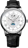 Relógio de Pulso de Luxo Masculino, Mostrador Analógico com Fases da Lua, Pulseira de Couro Preto