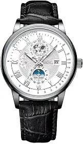 Relógio de Pulso de Luxo Masculino, Mostrador Analógico com Fases da Lua, Pulseira de Couro Preto