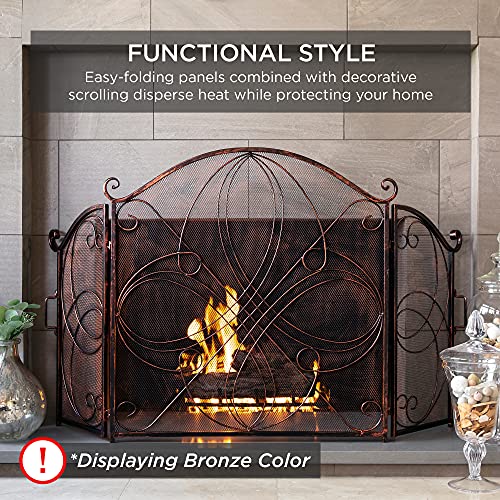 Best Choice Products 3-Panel 55x33in Solid Wrought Iron See-Through Metal Fireplace Screen, Spark Guard Safety Protector w/Decorative Scroll - Pewter - Thumbnail 6