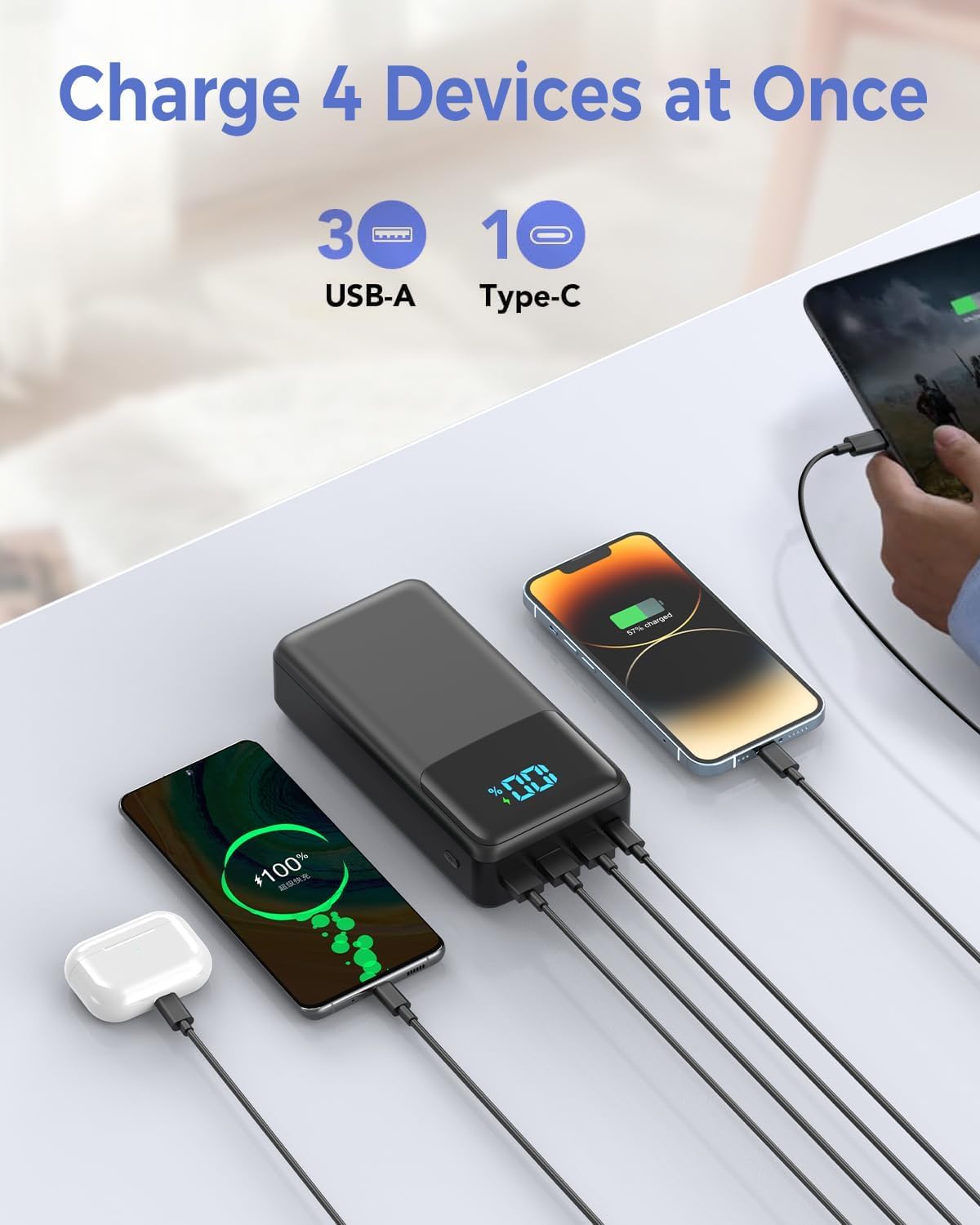 Power Bank 60000mAh Caricatore Portatile Ricarica Rrapida USB-C PD 22,5W | Batteria Esterna, 4 Uscite 2 Ingressi LED Display Power Bank Compatibile con iPhone/iPad/Samsung/Xiaomi Smartphone