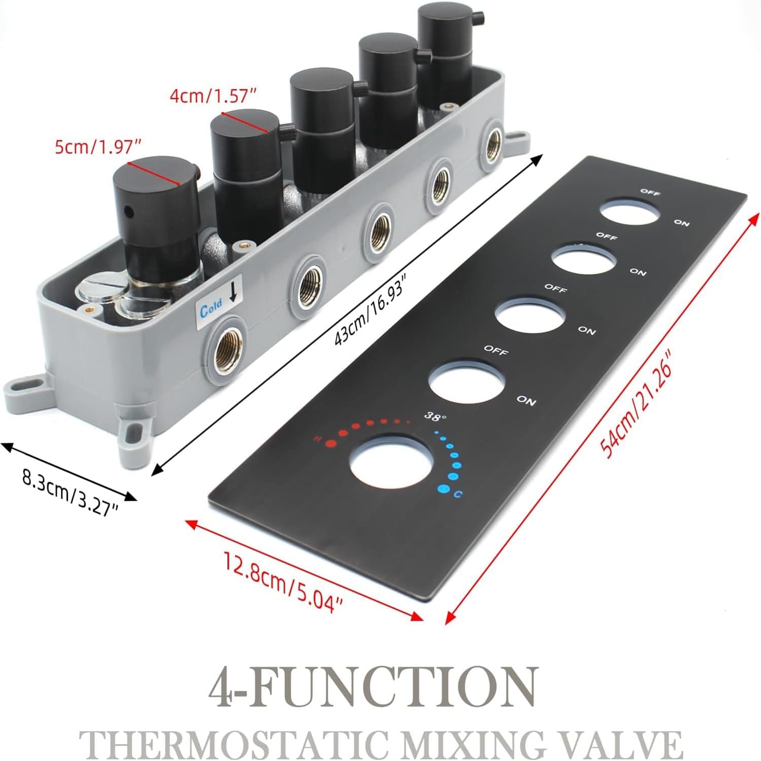 4 Way Brass Shower Mixing Diverter Valve Can run Together and Control Flow, 5 Handle Multi Function 4 Outlet Thermostatic Shower Mixer Valves Kit Concealed Vertical Installation, Matte Black