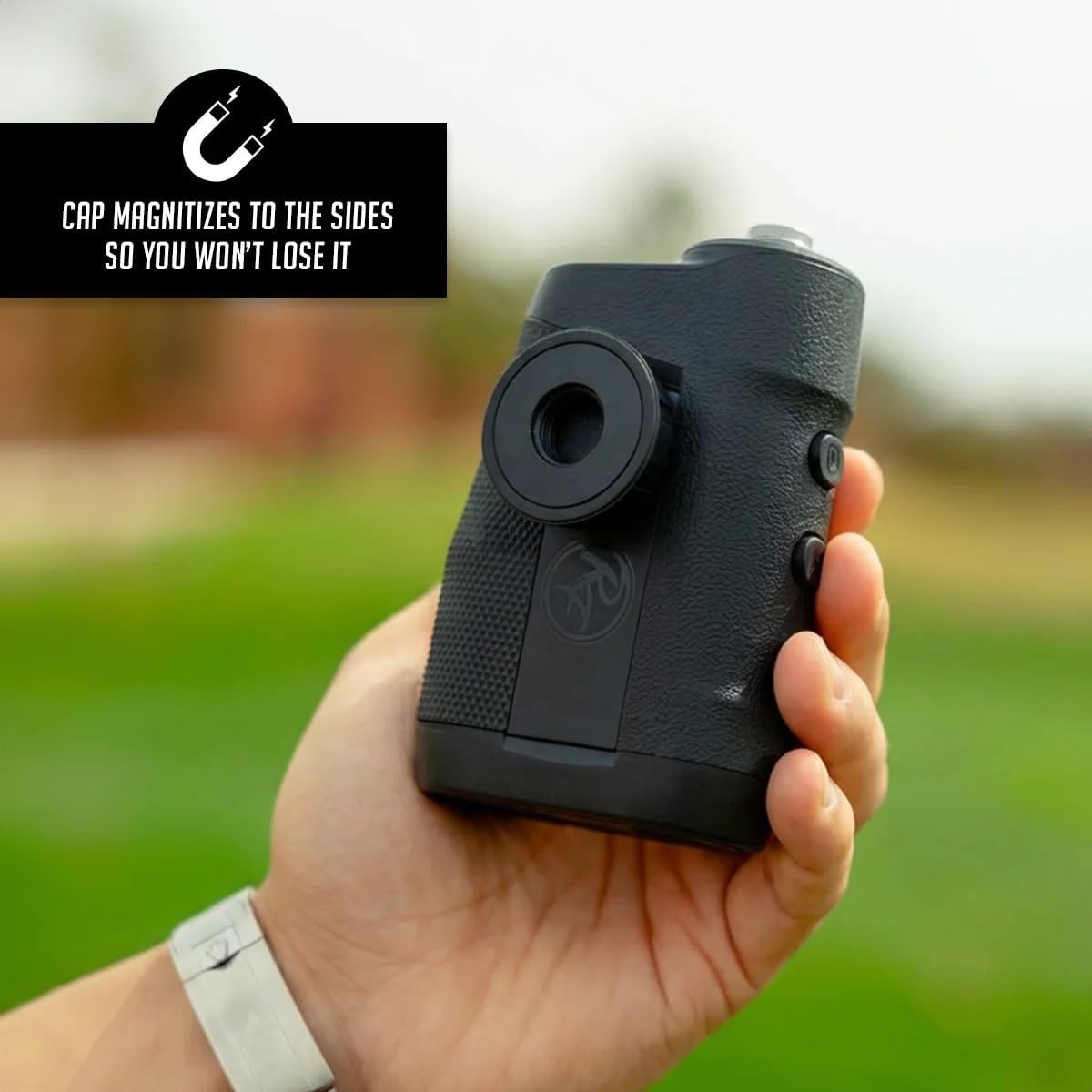 Range Flask – Golf Flask Shaped Like a Rangefinder, 7oz Stainless Steel Interior with Magnetic Cap & Sides, Collapsible Funnel Included – Portable Gift for Men and Golfers (Black)