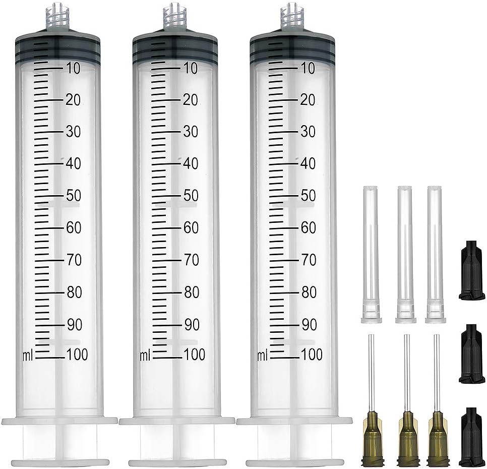 3 Pack 100ml Syringes with 14Gx1.0'' Blunt Tip Fill Needles and Storage Caps(Luer Lock)