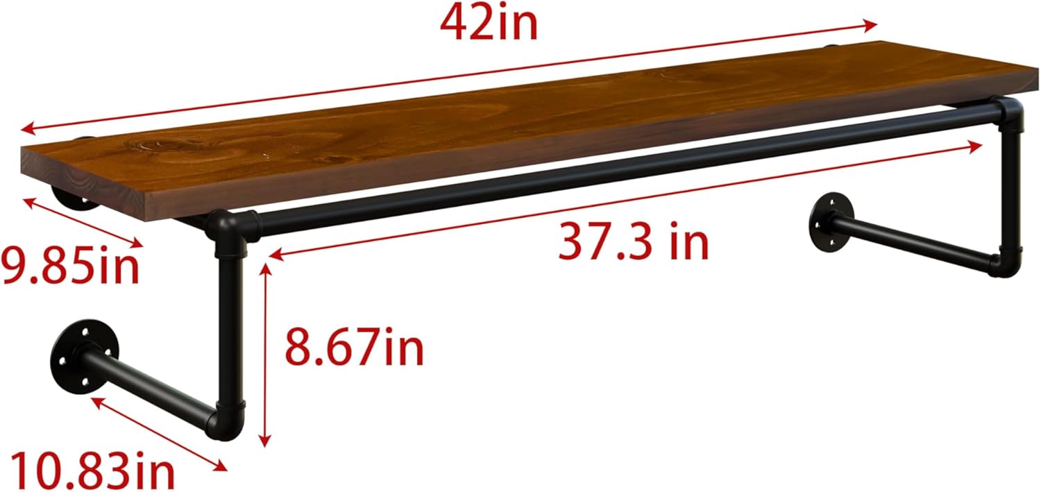 Clothes Rack 42in, Wall Mounted Garment Racks with Real Walnut Wood Shelf, Heavy Duty Hanging Clothes Rack, Multi-Purpose Hanging Rod, Space-Saving Closet Storage