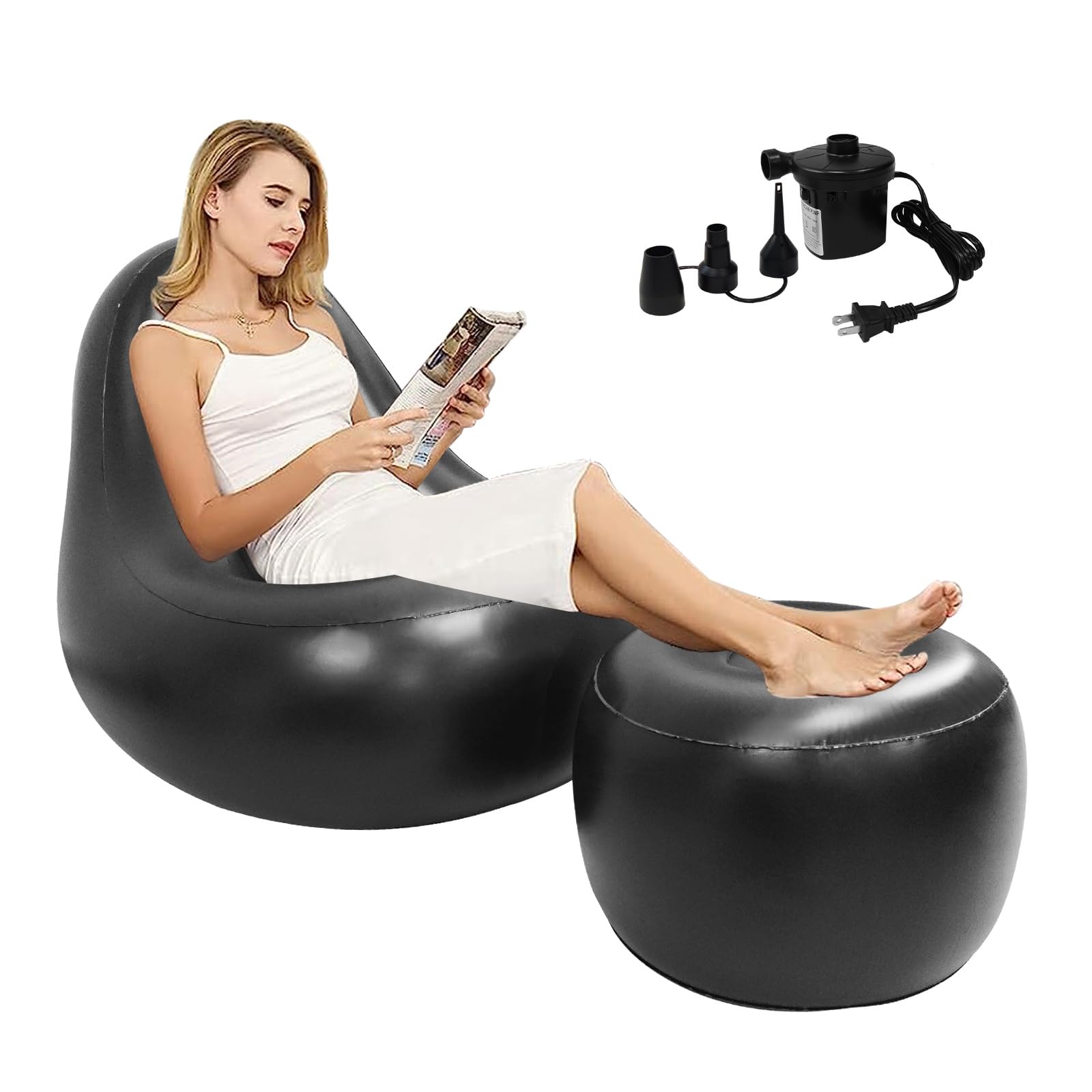 BBL Inflatable Chair Sofa with Hole After Surgery for Butt, with Electric Air Pump & Ottoman, Brazilian Butt Lift Surgery Supplies for Recovery Sitting Sleeping Pregnancy and Relaxation (Black)