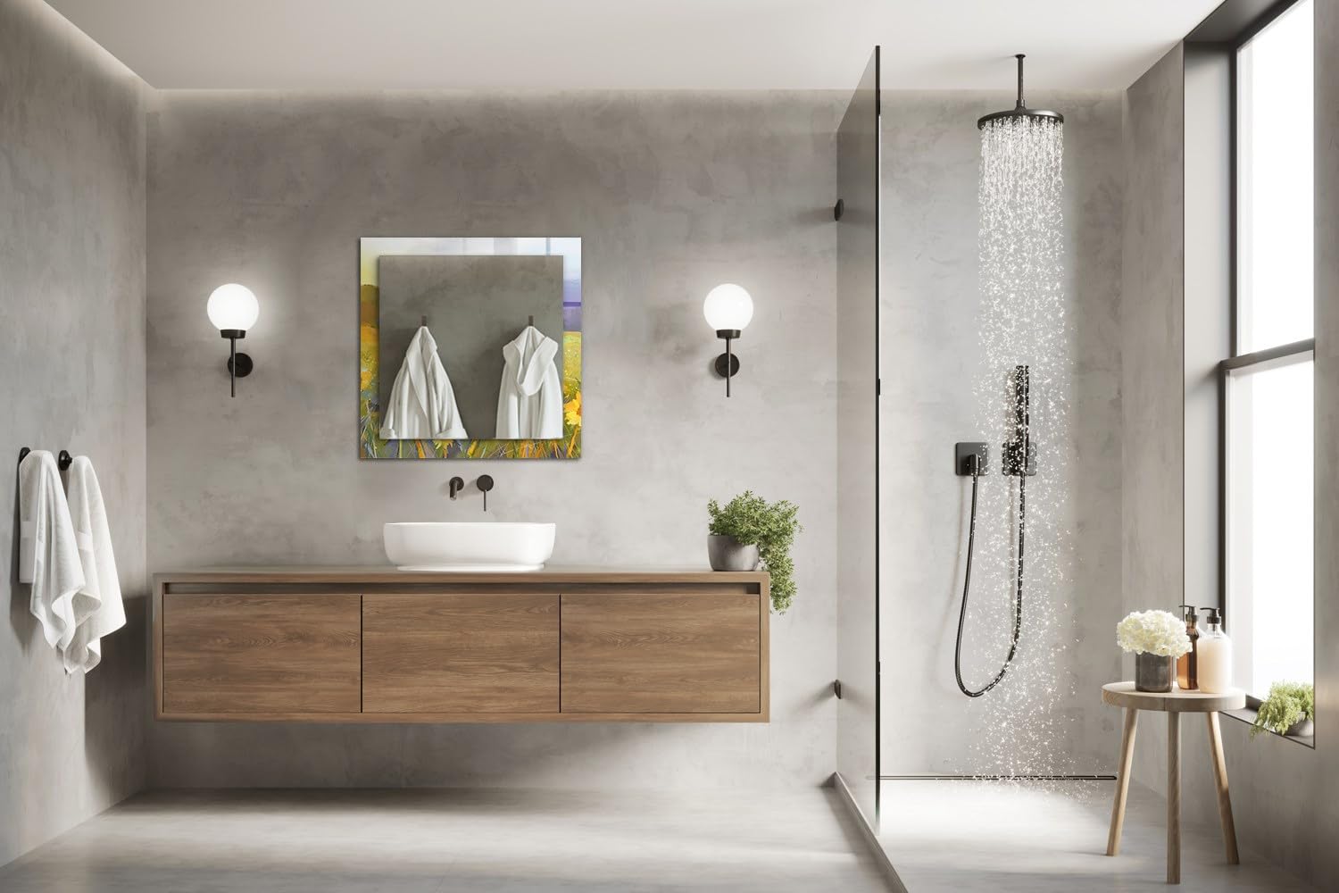 Minimalne prostokątne lustro 60 x 60 cm (23,6 cala x 23,6 cala) | szklana krawędź z nadrukiem dla współczesnego stylu - pole słonecznika