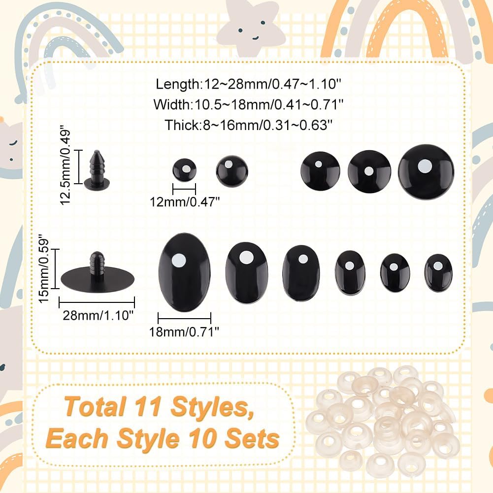 PH PandaHall 110 PCS Plastic Safety Eyes, 11 Styles Craft Eyes Black Stuffed Crochet Eyes Kawaii Eyes with 110PCS Washers for Amigurumi, Puppet, Plush Animal and Teddy Bear, Oval/Flat Round
