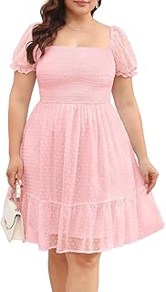 Women Plus Size Square Neck Puff Sleeve Babydoll Summer Chiffon Swiss Dot Flowy Short Smocked Dress - Buy now