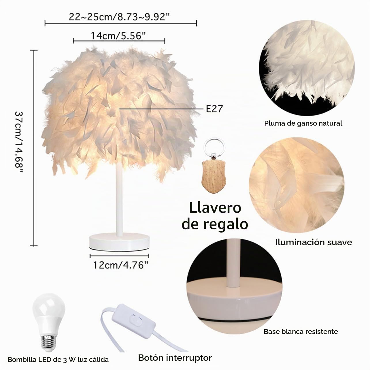 Paquete de 2 lámparas de mesa de plumas Lámpara de mesilla de noche Lámpara de mesilla de noche Base blanca con bombilla de 3 W para sala de estar, dormitorio, decoración del hogar, S