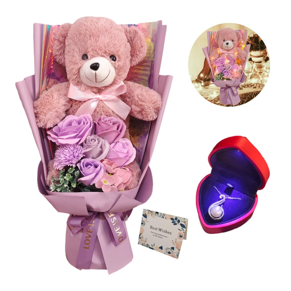 EIGHTOWNPreserved Rose Bouquet Flowers with Teddy Bear - Purple Roses Artificial Flowers with Pearl Necklace for Her - Love Gift Mother's Day,Valentine's Day,Birthday