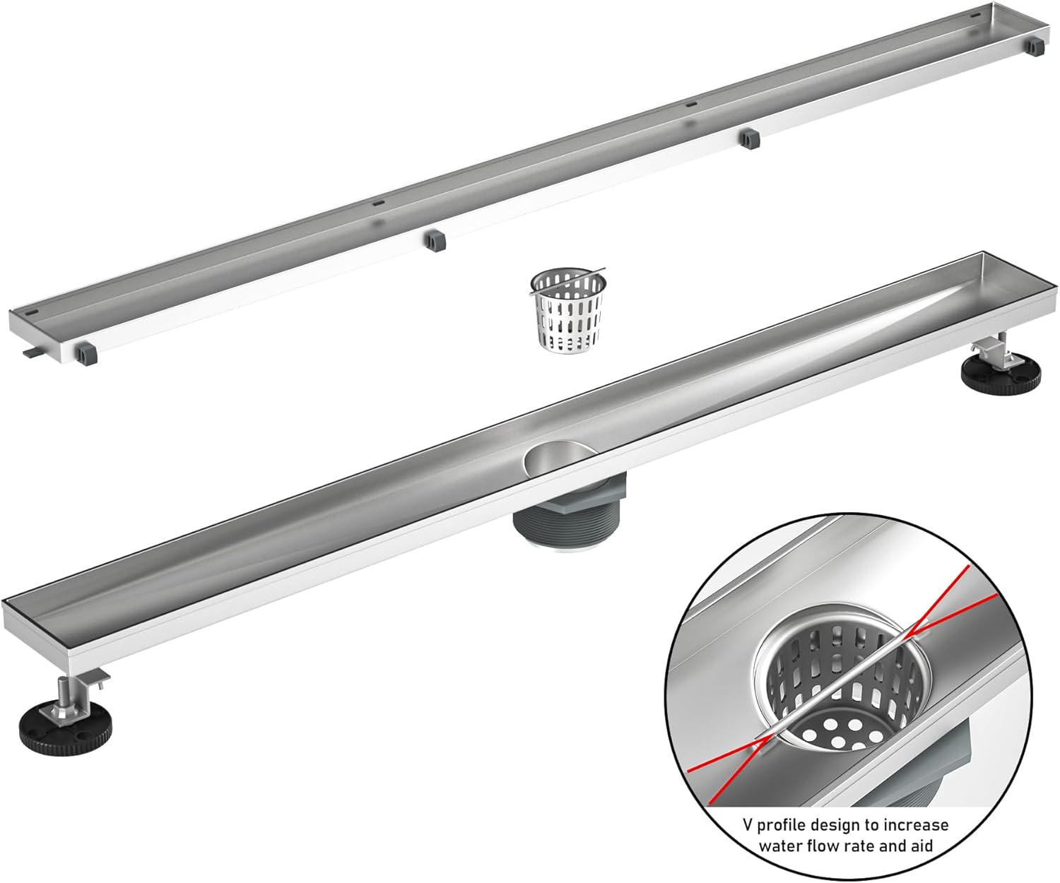 Linear Shower Drain 32" Brushed 304 Stainless Steel | Fast Drainage | Tile Inserted | Stainless Floor Drain Grate | Hair Strainer | Drain Key | The Upgrade for Your Bathroom - Image 2